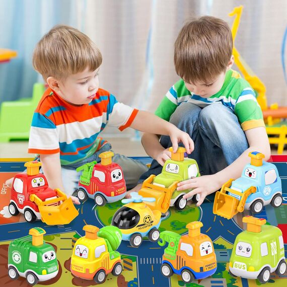 Spielzeugautos zum Zurückziehen für Kleinkinder, Autospielzeug für 1 jährige Jungen, 9 teiliges Autospielzeug, mit Spielmatten Aufbewahrung Spielzeugautos, Geschenke für 1 2 3 jährige Jungen Mädchen