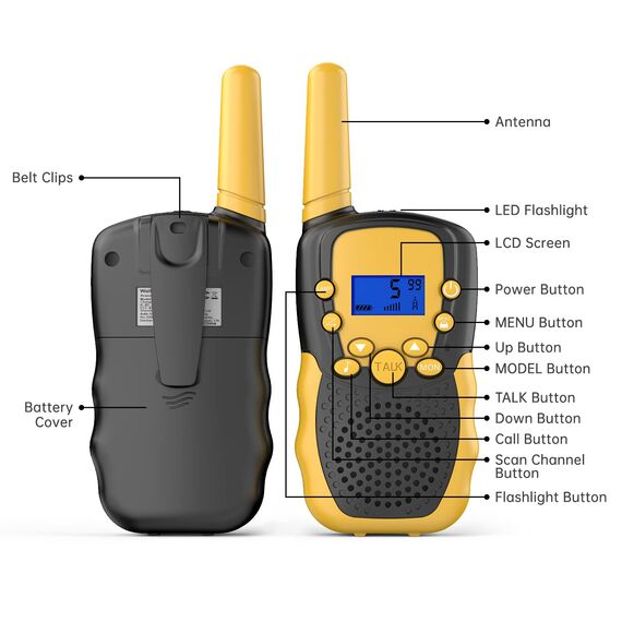 Kearui Walkie Talkie Kinder für Jungen Mädchen, Funkgeräte Kinder Outdoor Spielzeug ab 3-12 Jahre, Kinder Walkie Talkie mit 8 Kanäle & LED Tastensperre für Abenteuer, Klettern, Camping - Schwarz Gelb