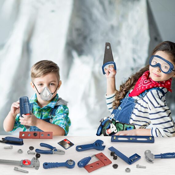 Vanplay Werkzeugkoffer Kinder Werkzeug mit Werkzeugkasten Elektrische Spielzeug Bohrmaschine Werkzeuggürtel Kinderspielzeug ab 3 4 5 6 7 Jahre Jungen Mädchen Kinder (52 STK)