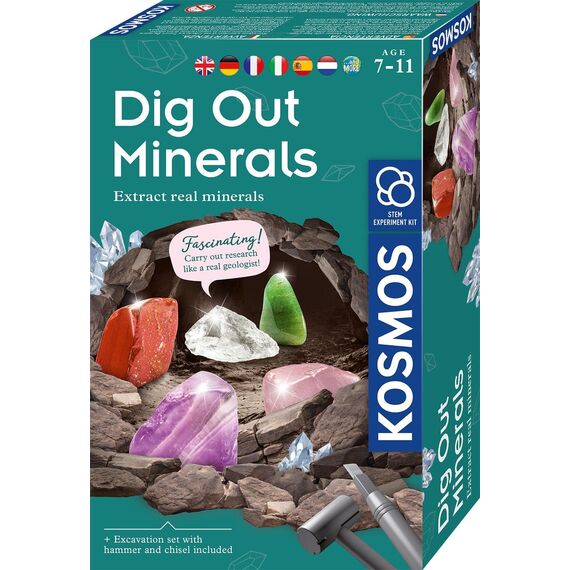 Kosmos 617202 Mineralien Ausgrabungs-Set, Grabe echte Mineralien selbst aus, mit Hammer und Meißel, 5 faszinierende Schmucksteine, Experimentierset für Kinder ab 7 Jahre, Mehrsprachig