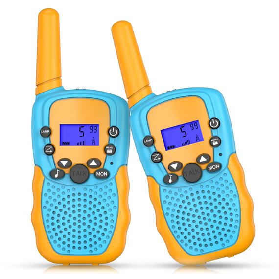 Kearui Spielzeug 3-12 Jahren Junge, Walkie Talkie Kinder 8 Kanal Funkgerät mit LCD Hintergrundbeleuchteter LED-Taschenlampe, 3 Meilen Reichweite für Abenteuer im Freien, Camping, Wandern (Blau-Orange)