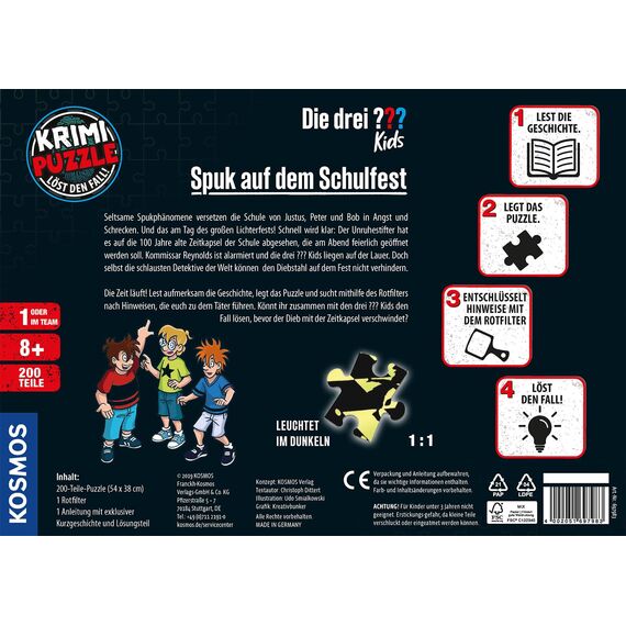Die drei ??? Kids - Krimi Puzzle - Spuk auf dem Schulfest von KOSMOS 697983, Leuchtet im Dunkeln, 200 Teile, Lesen, Puzzeln, Rätsel lösen, Detektiv Puzzle für Kinder ab 8 Jahre