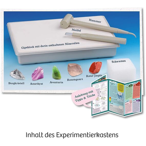 KOSMOS 657901 Mineralien Ausgrabungs-Set, Grabe echte Mineralien selbst aus, mit Hammer und Meißel, 5 faszinierende Schmucksteine, Experimentierset für Kinder ab 7 Jahre zum Thema Geologie
