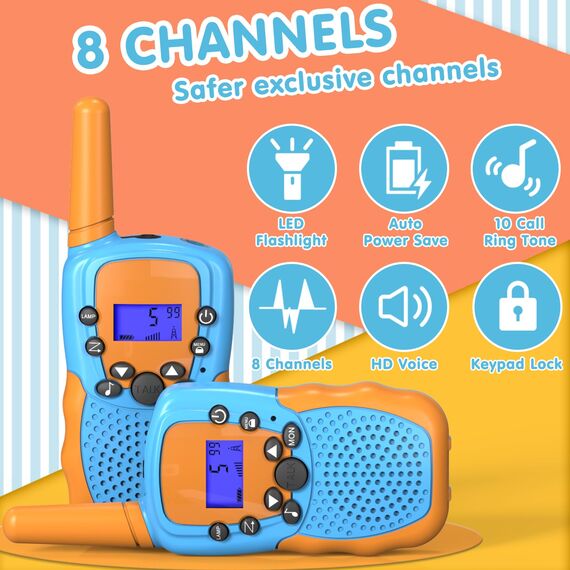 Kearui Spielzeug 3-12 Jahren Junge, Walkie Talkie Kinder 8 Kanal Funkgerät mit LCD Hintergrundbeleuchteter LED-Taschenlampe, 3 Meilen Reichweite für Abenteuer im Freien, Camping, Wandern (Blau-Orange)