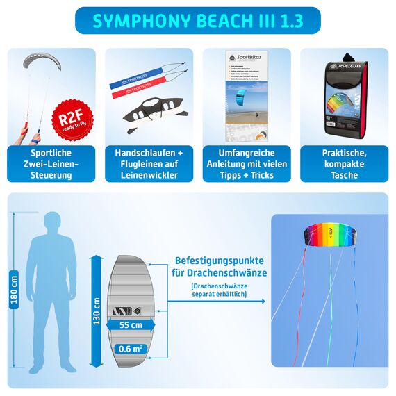 HQ Lenkmatte Lenkdrachen Symphony Beach III 1.3 Rainbow, Zweileiner Matte, Drachen für Kinder und Erwachsene, 55x130cm, inkl. 45kp Polyester Schnüre, 2x25m auf Winder mit Schlaufen, Drachen ab 8 Jahre