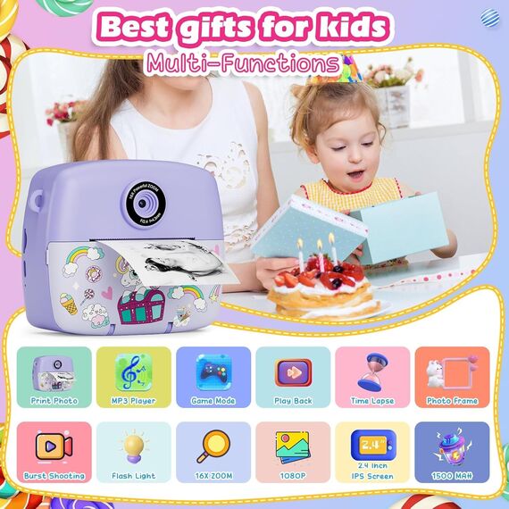 Sofortbildkamera Kinder,Kinderkamera Kompaktkameras 1080P HD Sofortdruck von Fotos,Geburtstagsgeschenk Weihnachten Geschenk Spielzeug ab 3 4 5 6 8 7 9 10 11 Jahre Mädchen Jungen 3 Rollen Fotopapier