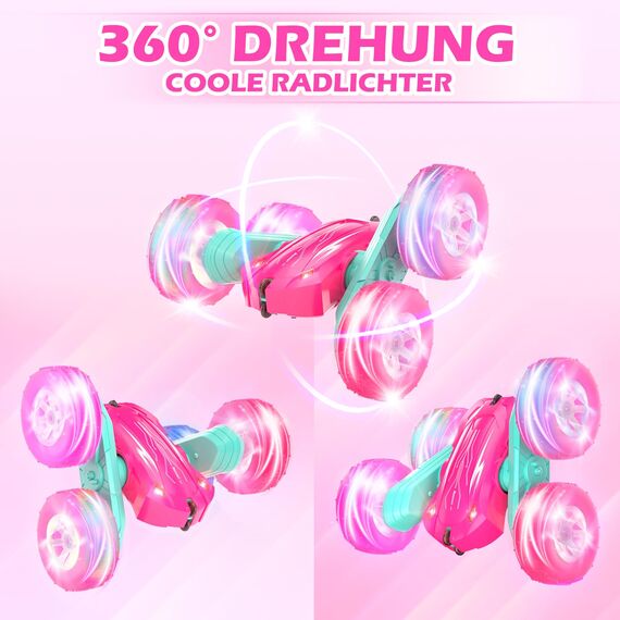 Rodzon Ferngesteuertes Auto Crawler 6 7 8 9+ Jahre Mädchen Spiele RC Auto mit LED Blinken Spielzeug Mädchen Geschenke Kinder Toy 2.4Ghz 4WD 360° Flip RC Car mit 2 Aufladbarer Batterien (Rosa)