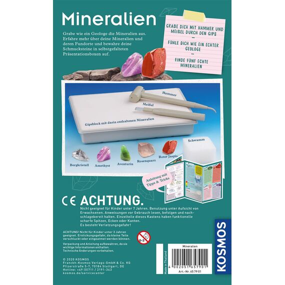 KOSMOS 657901 Mineralien Ausgrabungs-Set, Grabe echte Mineralien selbst aus, mit Hammer und Meißel, 5 faszinierende Schmucksteine, Experimentierset für Kinder ab 7 Jahre zum Thema Geologie
