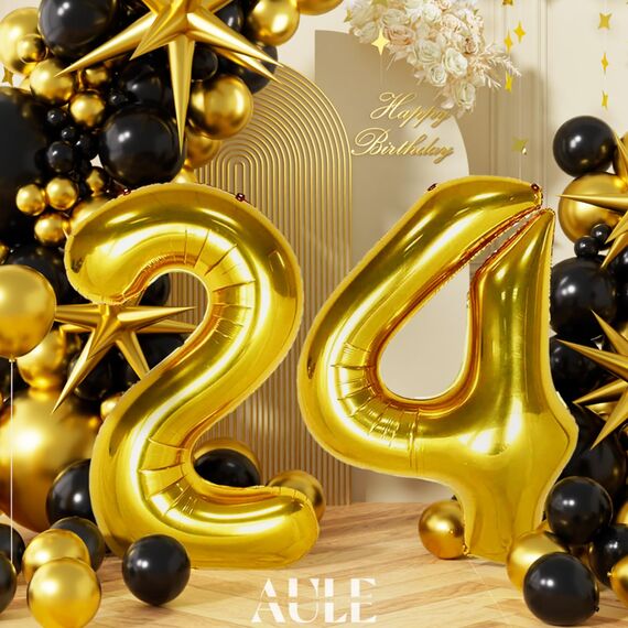 AULE Luftballon Zahl 24 Gold: XXL 101 cm Zahlen Folienballon Geburtstag Gold 42 Jahre 40 Zoll Helium Ballon Zahlenballon für Babyparty Jubiläum Deko