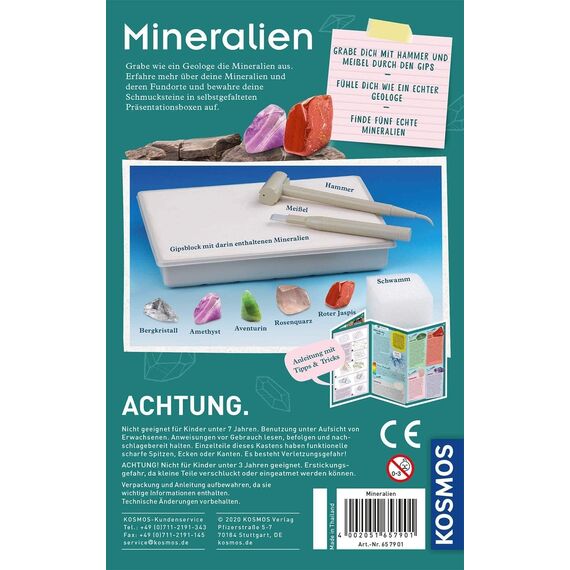 KOSMOS 657901 Mineralien Ausgrabungs-Set, Grabe echte Mineralien selbst aus, mit Hammer und Meißel, 5 faszinierende Schmucksteine, Experimentierset für Kinder ab 7 Jahre zum Thema Geologie