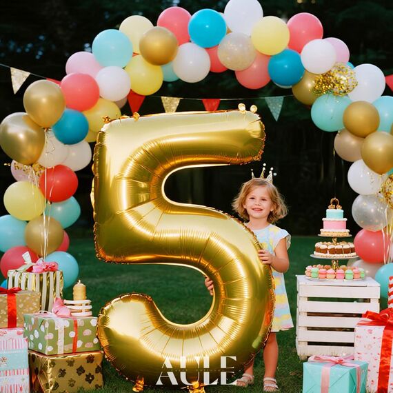 AULE Luftballon Zahl 5 Gold: XXL 101 cm Folienballon Geburtstag Gold 5 Jahre Zahlen 40 Zoll Helium Ballon Zahlenballon für Babyparty Jubiläum Deko