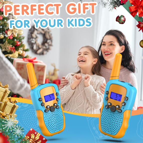 Kearui Spielzeug 3-12 Jahren Junge, Walkie Talkie Kinder 8 Kanal Funkgerät mit LCD Hintergrundbeleuchteter LED-Taschenlampe, 3 Meilen Reichweite für Abenteuer im Freien, Camping, Wandern (Blau-Orange)