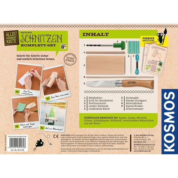 Kosmos 604608 AllesKönnerKiste Schnitzen Komplett-Set, mit Kinder-Schnitzmesser, Lindenholz-Block, Boot selber schnitzen, Schnitz-Set, Bastel-Set für Kinder ab 8 Jahre