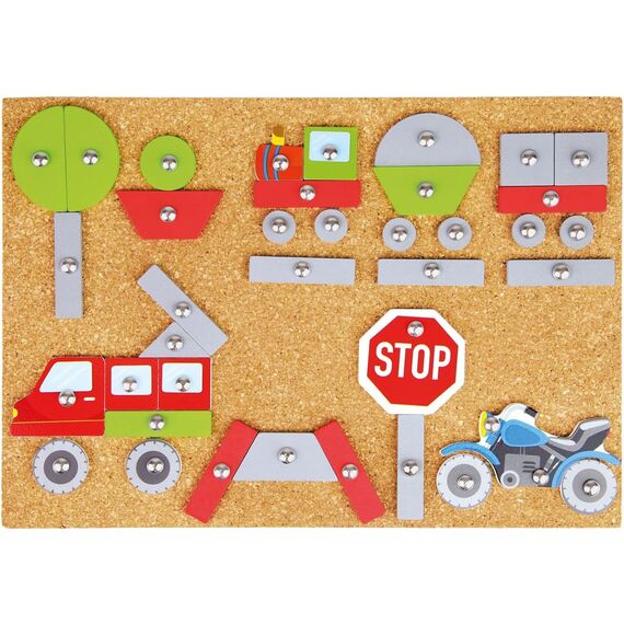 Lena Hammerspiel Fahrzeuge, Standard Holz Hammerspiel für Kinder mit 64 Teilen, Bunte Plättchen in verschiedenen Formen mit Hammer, NÄgeln & Korkplatte 28 x 19,5 cm, für Kinder ab 3 Jahren