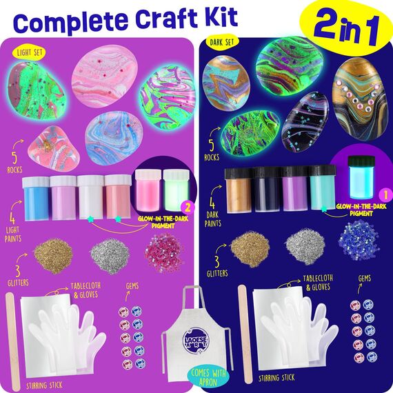 LAOESE 2 in 1 Box Gießfarben Steine Bemalen Set(Leuchten)-Basteln für Kinder 5 6 7 8 Jahre, Geschenk Mädchen Junge 4-12 Jahre, Kreative Set für Kinder, Ostern Bastelset Spielzeug Mädchen Junge