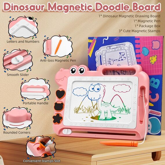 AiTuiTui Dinosaurier Maltafel Zaubertafel Kinderspiele Geschenk Mädchen Jungen, Bunt Magnetische Zeichenbrett Lernspielzeug ab 3-7 Jahre, Magnettafel Reisegröße Kinder Spielzeug (Rosa)