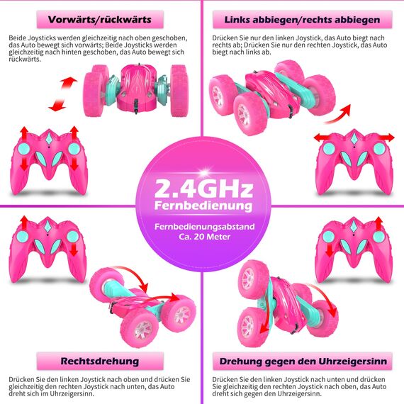 Rodzon Ferngesteuertes Auto Crawler 6 7 8 9+ Jahre Mädchen Spiele RC Auto mit LED Blinken Spielzeug Mädchen Geschenke Kinder Toy 2.4Ghz 4WD 360° Flip RC Car mit 2 Aufladbarer Batterien (Rosa)