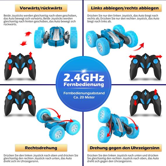 Rodzon Ferngesteuertes Auto 6 7 8 9+ Jahre Spiele LED Blinken RC Auto Spielzeug Jungen Weihnachten Geburtstags Geschenke Kinder Toy 360° Flip Car Indoor Outdoor Draußen Sand Strand Garten (Blau)