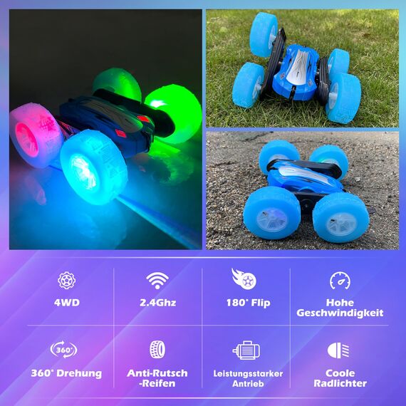 Rodzon Ferngesteuertes Auto 6 7 8 9+ Jahre Spiele LED Blinken RC Auto Spielzeug Jungen Weihnachten Geburtstags Geschenke Kinder Toy 360° Flip Car Indoor Outdoor Draußen Sand Strand Garten (Blau)