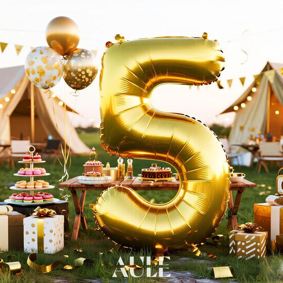 AULE Luftballon Zahl 5 Gold: XXL 101 cm Folienballon Geburtstag Gold 5 Jahre Zahlen 40 Zoll Helium Ballon Zahlenballon für Babyparty Jubiläum Deko