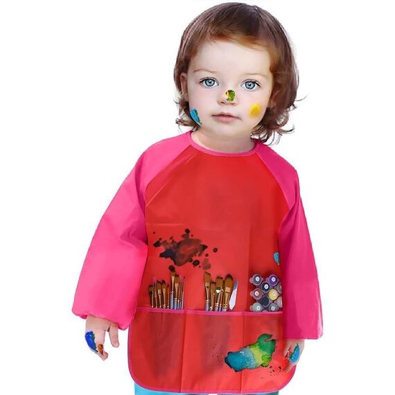 Amaza 2Pcs Malschürze Kinder, Wasserdicht Malkittel Kinder 2-8 Jahre, Bastelschürze mit Ärmeln und 3 Taschen, Klettverschluss (Blau & Rot)