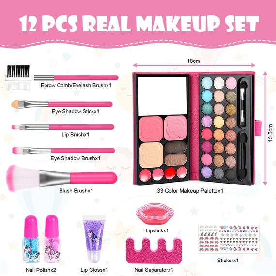 Aomig Kinderschminke Set, 12 Stück Waschbar Kosmetisch für Kinder, Sicher Ungiftig Kinder Schminkset Mädchen, Make up Spielzeug, Halloween Weihnachts Geburtstags Geschenke für Mädchen 5-12 Jahre
