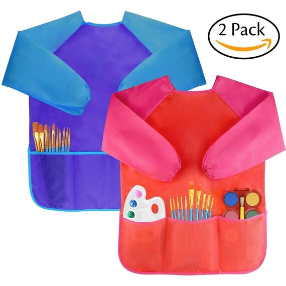 Amaza 2Pcs Malschürze Kinder, Wasserdicht Malkittel Kinder 2-8 Jahre, Bastelschürze mit Ärmeln und 3 Taschen, Klettverschluss (Blau & Rot)