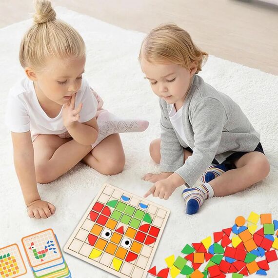 Jastown 120pcs Kreative Mosaik-Puzzle,Hölzerne Muster Blöcke Set,Form Matching Game,Montessori Spielzeug ab 3 4 5 6 Jahre,Tangram Kinder,Sensorische Feinmotorik Konzentrationsspiele Lernspiele