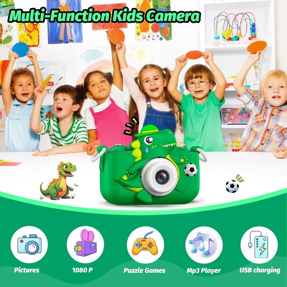 Kinderkamera, Dinosaurier Selfie Digital Kamera mit 32GB Karte, Weihnachts Geburtstagsgeschenk für Jungen und Mädchen, 1080P HD Kinder Kamera, Geschenke Spielzeug für 3 4 5 6 7 8 9 10 11 12 Jahre