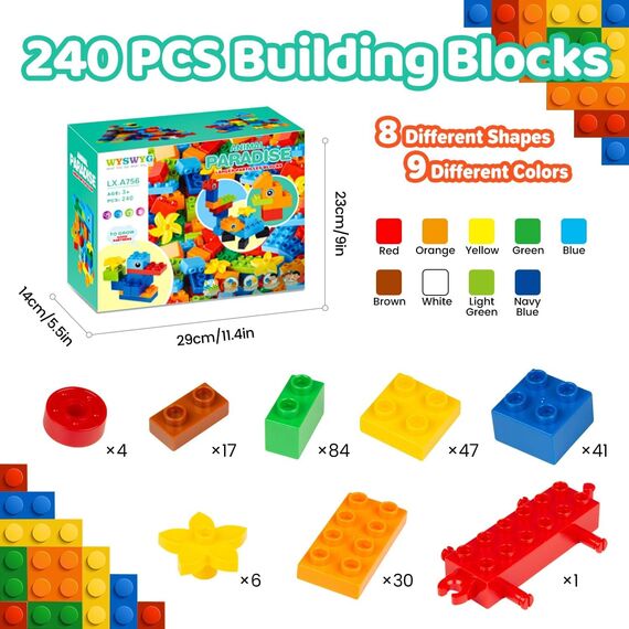 WYSWYG® Große Bausteine Set 240 Stück für Kinder ab 3 Jahre,Kompatibel zu Anderen Herstellern, Steine Box Starterset, Bunte Grundbausteine, ab 3-4-5 Jahre