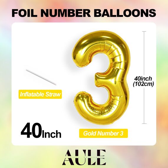 AULE Luftballon Zahl 3 Gold: XXL 101 cm Zahlen Folienballon Geburtstag Gold 3 Jahre 40 Zoll Helium Ballon Zahlenballon für Babyparty Jubiläum Deko
