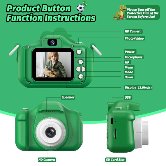 Kinderkamera, Dinosaurier Selfie Digital Kamera mit 32GB Karte, Weihnachts Geburtstagsgeschenk für Jungen und Mädchen, 1080P HD Kinder Kamera, Geschenke Spielzeug für 3 4 5 6 7 8 9 10 11 12 Jahre