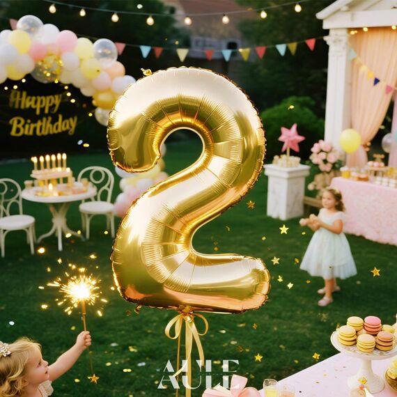 AULE Luftballon Zahl 2 Gold: XXL 101 cm Zahlen Folienballon Geburtstag Gold 2 Jahre 40 Zoll Helium Ballon Zahlenballon für Babyparty Jubiläum Deko