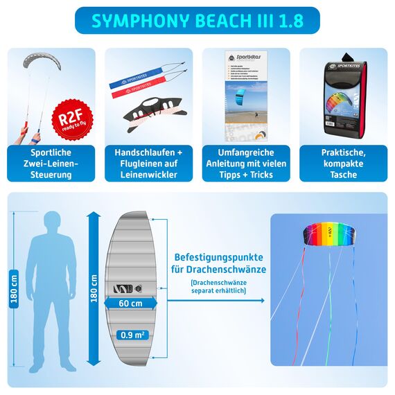 HQ Lenkmatte Lenkdrachen Symphony Beach III 1.8 Rainbow, Zweileiner Matte Drachen für Kinder und Erwachsene, 60x180cm, inkl. 80kp Blendline Schnüre, 2x25m auf Winder mit Schlaufen, Drachen ab 12 Jahre