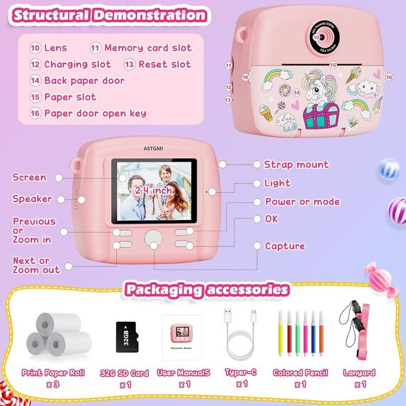 Sofortbildkamera Kinder,Kinderkamera Kompaktkameras 1080P HD Sofortdruck von Fotos,Geburtstagsgeschenk Weihnachten Geschenk Spielzeug ab 3 4 5 6 8 7 9 10 11 Jahre Mädchen Jungen 3 Rollen Fotopapier