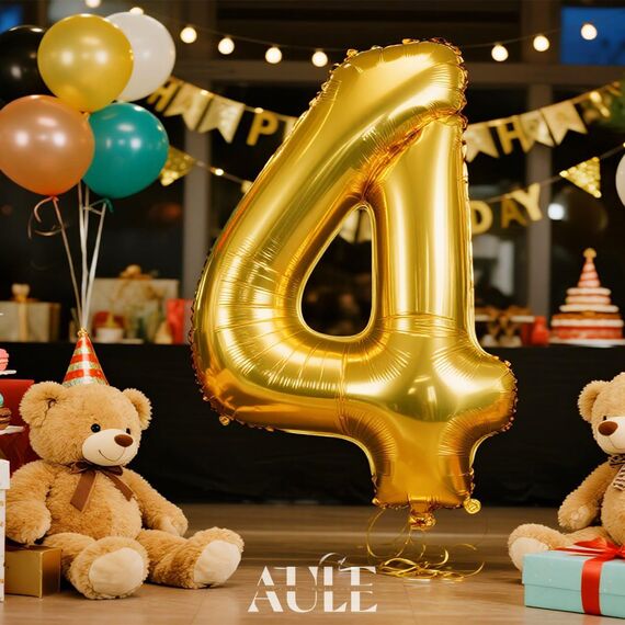AULE Luftballon Zahl 4 Gold: XXL 101 cm Zahlen Folienballon Geburtstag Gold 4 Jahre 40 Zoll Helium Ballon Zahlenballon für Babyparty Jubiläum Deko