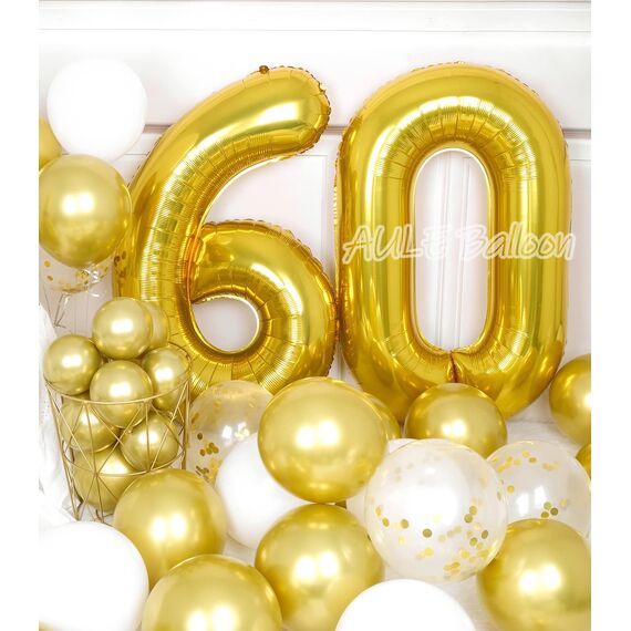 AULE Luftballon Zahl 60 Gold: XXL 101 cm Zahlen Folienballon Geburtstag Gold 60 Jahre 40 Zoll Helium Ballon Zahlenballon für Babyparty Jubiläum Deko