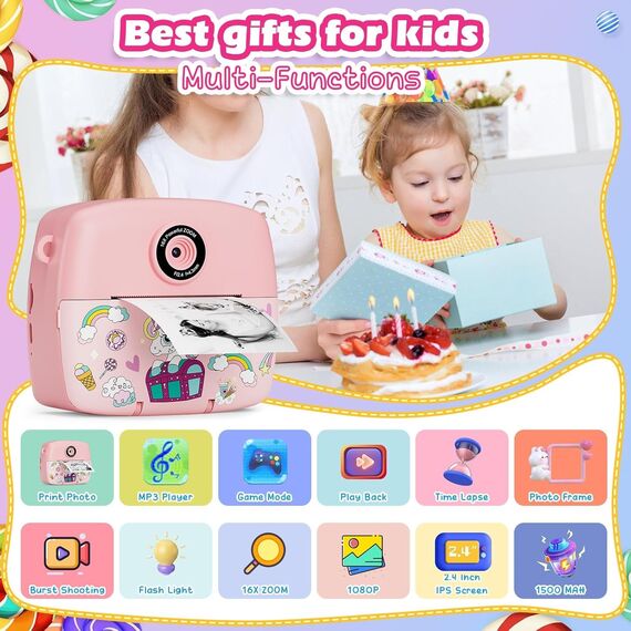 Sofortbildkamera Kinder,Kinderkamera Kompaktkameras 1080P HD Sofortdruck von Fotos,Geburtstagsgeschenk Weihnachten Geschenk Spielzeug ab 3 4 5 6 8 7 9 10 11 Jahre Mädchen Jungen 3 Rollen Fotopapier