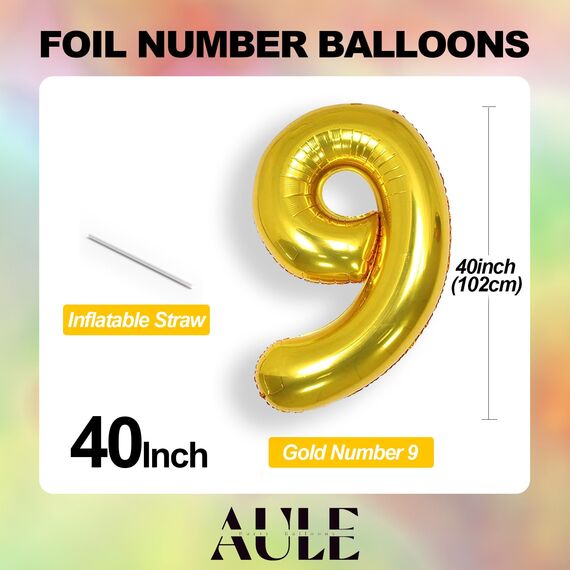 AULE Luftballon Zahl 9 Gold: XXL 101 cm Folienballon Geburtstag Gold 9 Jahre Zahlen 40 Zoll Helium Ballon Zahlenballon für Babyparty Jubiläum Deko
