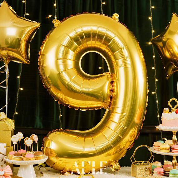AULE Luftballon Zahl 9 Gold: XXL 101 cm Folienballon Geburtstag Gold 9 Jahre Zahlen 40 Zoll Helium Ballon Zahlenballon für Babyparty Jubiläum Deko