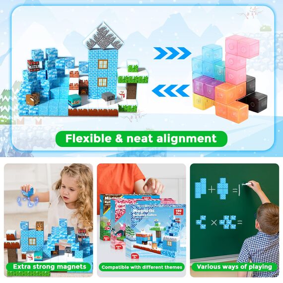 Goody King Magnetische Bausteine mit 100 Pcs Magnetwürfel Bauen Deine Eis und Schneewelt Montessori Magnetspielzeug ab 4 5 6 7 8 9 Jahre Junge und Mädchen Magnetic Building Blocks Geschenke für Kinder