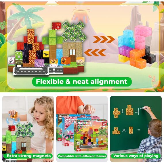Magnetische Bausteine, 100 Teile Magnetbausteine Kinder – Kreatives 3D-Spielzeug mit Dinosauriern, Vulkan & Naturlandschaft | Spielzeug ab 5 6 7 8 9 Jahre Jungen Bauspielzeug für 3+ Jahre alte Jungen