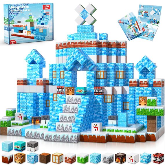 Goody King Magnetische Bausteine mit 100 Pcs Magnetwürfel Bauen Deine Eis und Schneewelt Montessori Magnetspielzeug ab 4 5 6 7 8 9 Jahre Junge und Mädchen Magnetic Building Blocks Geschenke für Kinder