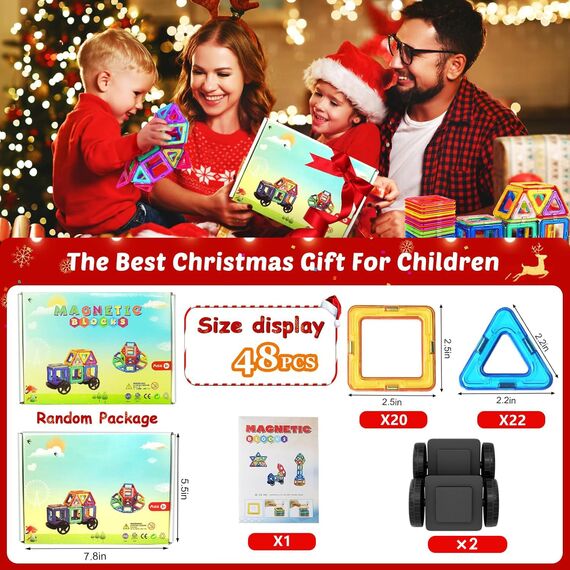 Magnetische Bausteine 48PCS Kinder Magnetbausteine Spielzeug ab 3 4 5 6 Jahre alte Mädchen Junge, Magnetspiel Lernspiele Kinderspielzeug für Kinder im Alter von 3-6, Weihnachten Geburtstagsgeschenke