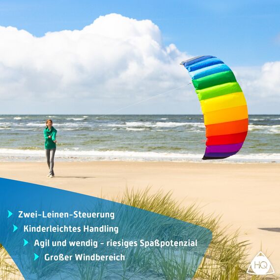 HQ Lenkmatte Lenkdrachen Symphony Beach III 1.8 Rainbow, Zweileiner Matte Drachen für Kinder und Erwachsene, 60x180cm, inkl. 80kp Blendline Schnüre, 2x25m auf Winder mit Schlaufen, Drachen ab 12 Jahre