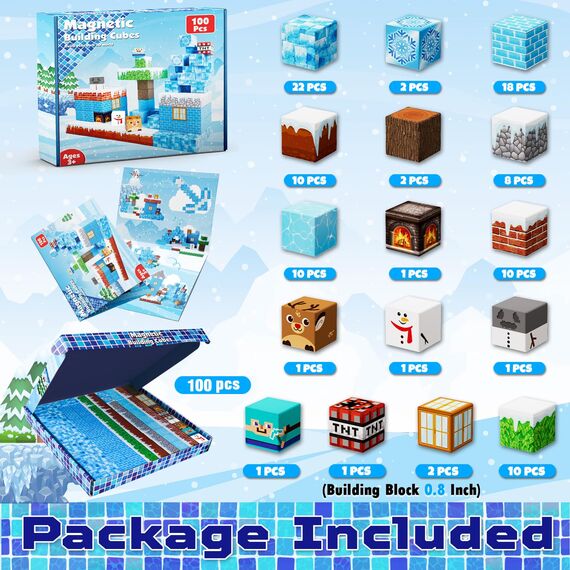 Goody King Magnetische Bausteine mit 100 Pcs Magnetwürfel Bauen Deine Eis und Schneewelt Montessori Magnetspielzeug ab 4 5 6 7 8 9 Jahre Junge und Mädchen Magnetic Building Blocks Geschenke für Kinder