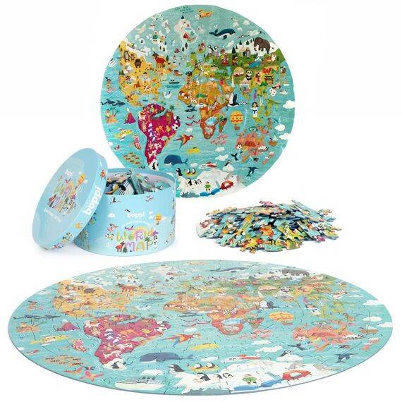 boppi Rundpuzzle – Weltkarte mit Kontinenten und Sehenswürdigkeiten – 150-teiliges Lernpuzzle – Umweltfreundlich | 100% Recyclingkarton – Alter 5–8