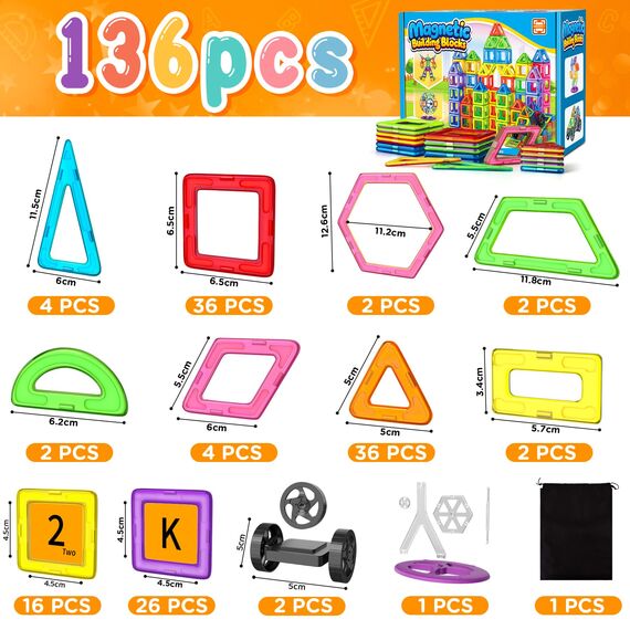 COOLJOYA Magnetische Bausteine 136 Teile, Magnetspiel STEM Magnetbausteine, Montessori Spielzeug ab 3 Jahre, Magnete Kinder ab 3 4 5 6 7 Jahren, Ostern Geschenk für Kinder Jungen Mädchen