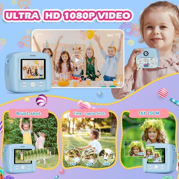 Sofortbildkamera Kinder,Kinderkamera Kompaktkameras 1080P HD Sofortdruck von Fotos,Geburtstagsgeschenk Weihnachten Geschenk Spielzeug ab 3 4 5 6 8 7 9 10 11 Jahre Mädchen Jungen 3 Rollen Fotopapier