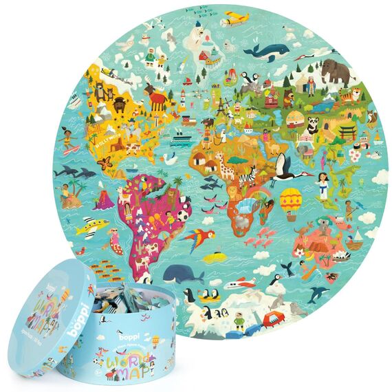 boppi Rundpuzzle – Weltkarte mit Kontinenten und Sehenswürdigkeiten – 150-teiliges Lernpuzzle – Umweltfreundlich | 100% Recyclingkarton – Alter 5–8